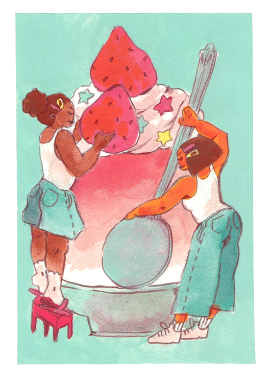 "Strawberry Bingsu" original gouache painting