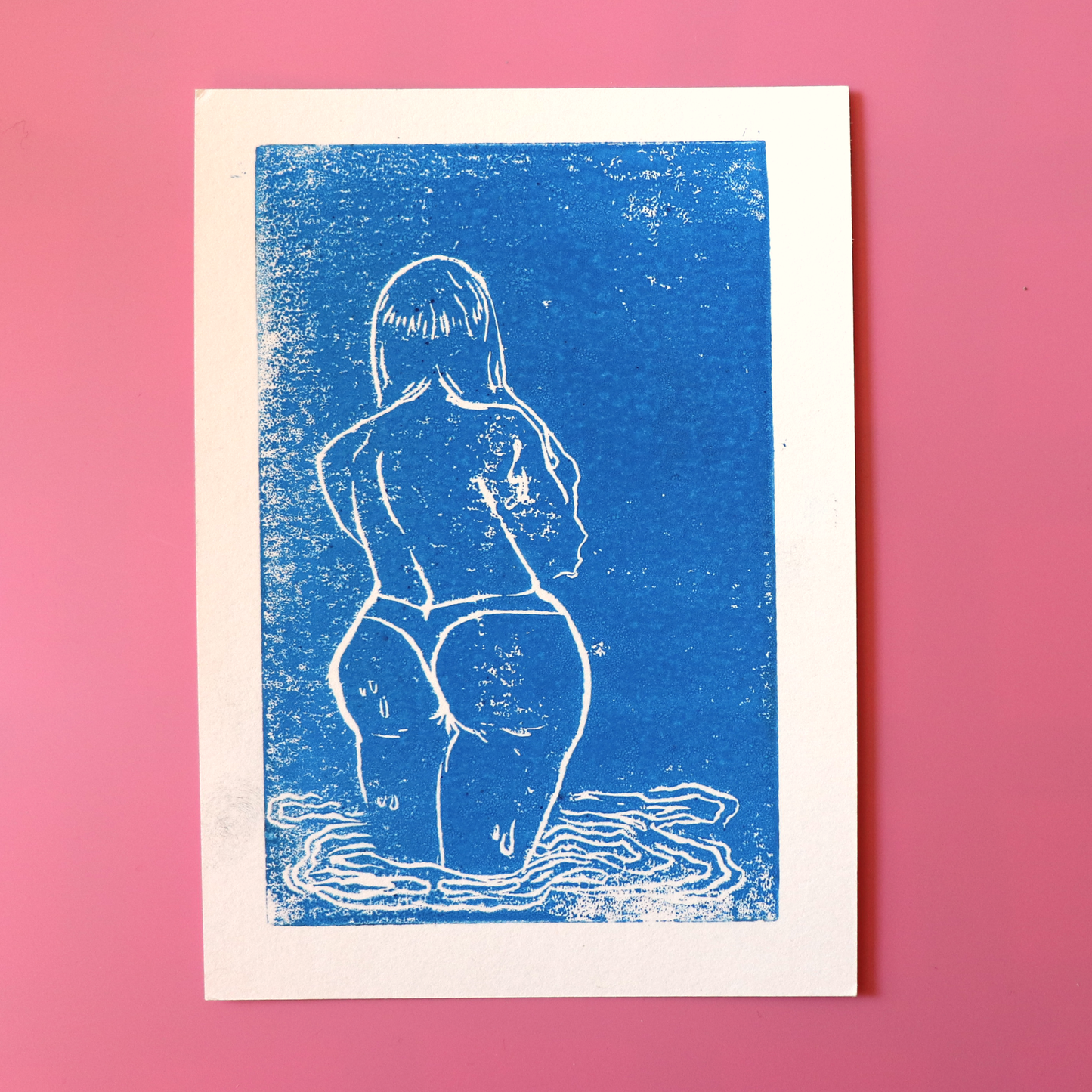 "Girl in Water (Blue)" linocut print, 5 x 7