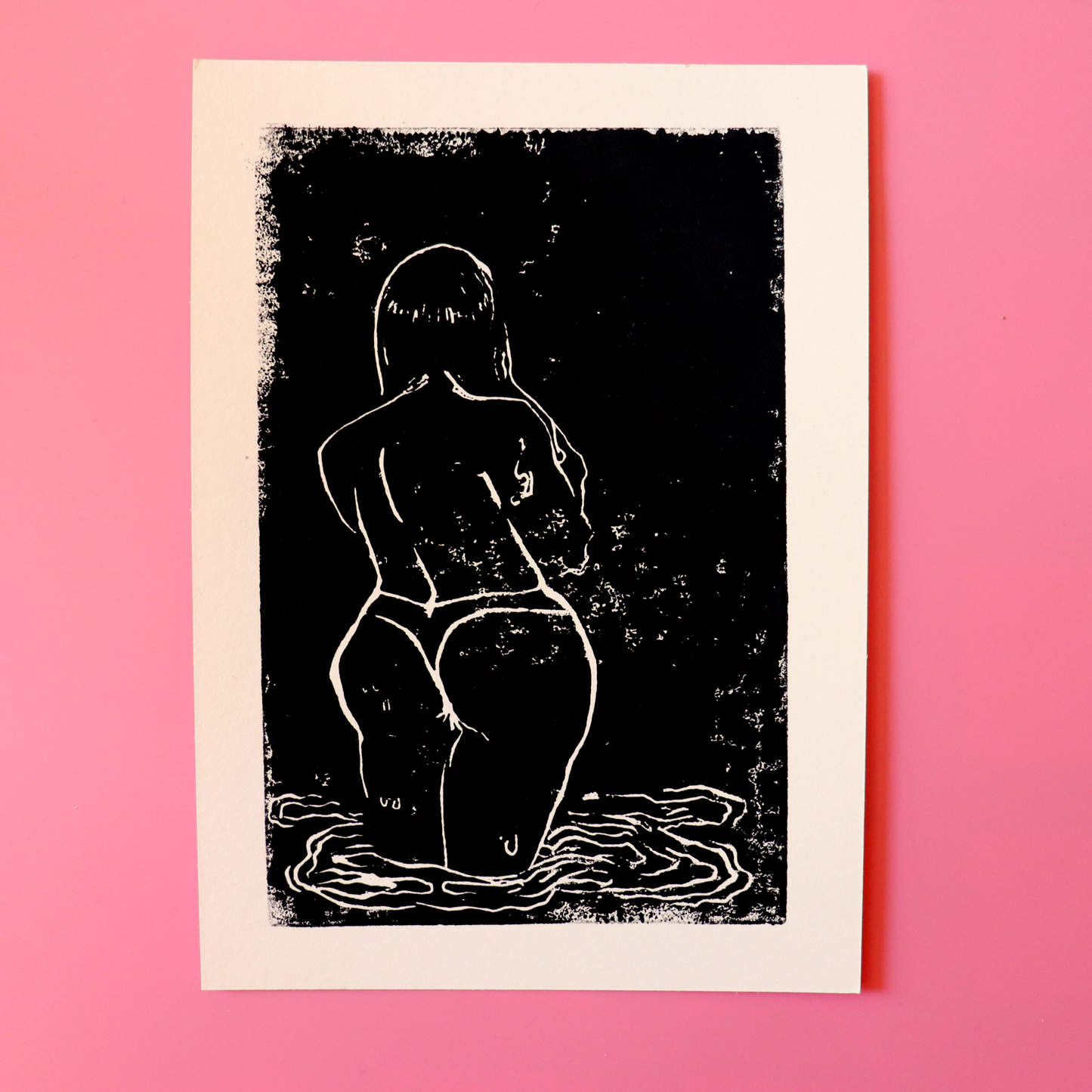 "Girl in Water (Black)" linocut print, 5 x 7