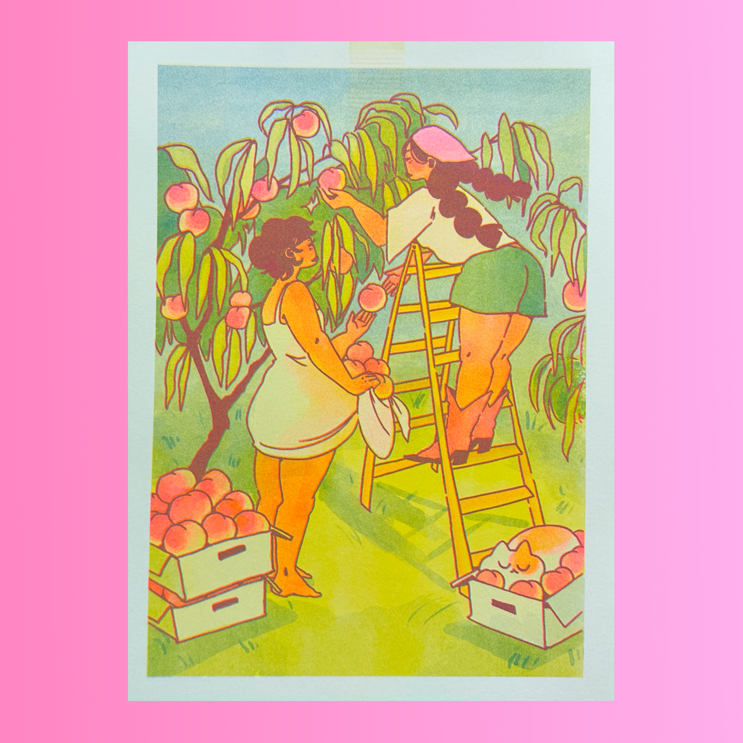 "Peach Picking" risograph print, 8.5 x 11