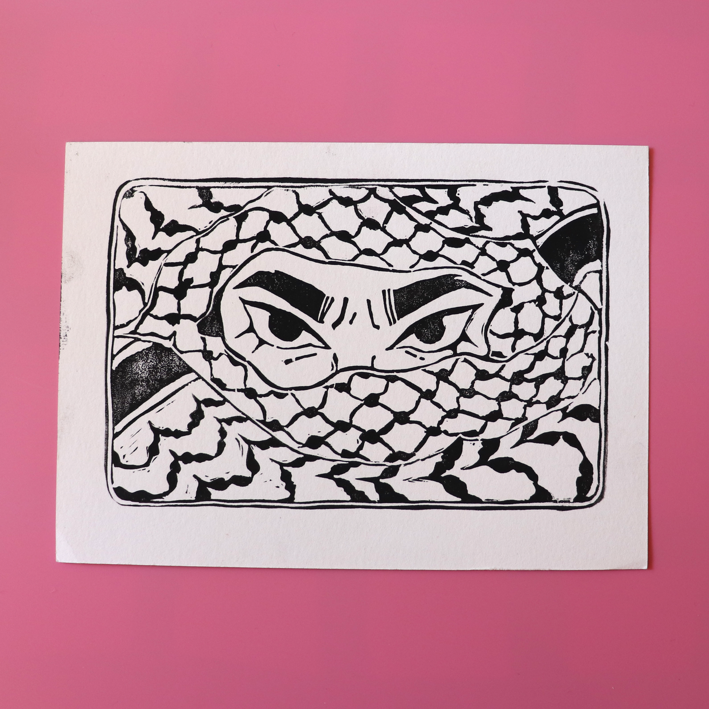 "Keffiyeh (black) linocut print", 5 x 7