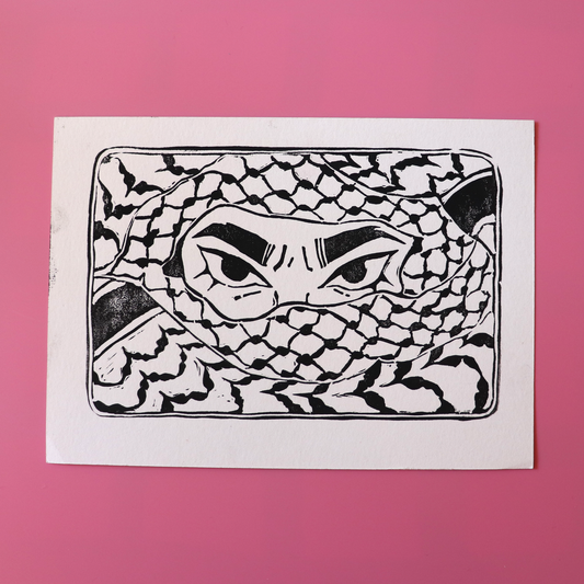 "Keffiyeh (black) linocut print", 5 x 7