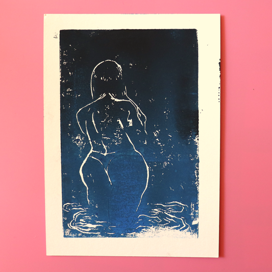 "Girl in Water (Ombre)" linocut print, 5 x 7